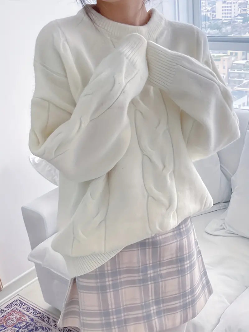 Variant image for Dam Stickad Tröja Flätmönster Mjuk Enkelfärgad Vintermode-2