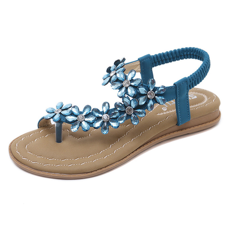 Sandaler Dam T-Band i PU-Läder med Blommor och Strass – Öppen Sula för Komfort och Stil 3