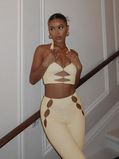 Dam Set Skördetopp Vinkelkärlhalsring Höga Byxor Polyester Spandex-2