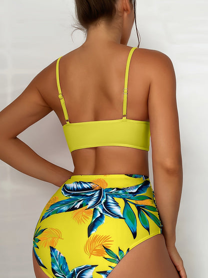 Dam Bikini Set Hög Midja Tropiskt Mönster Elastiskt Tyg-3