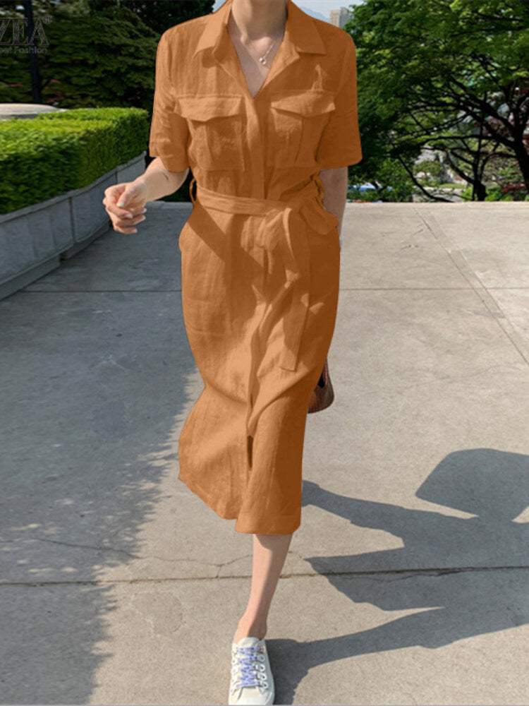 Fina Dam Klänningar Midi med Fickor och 3/4 Ärmar i Bomull-6