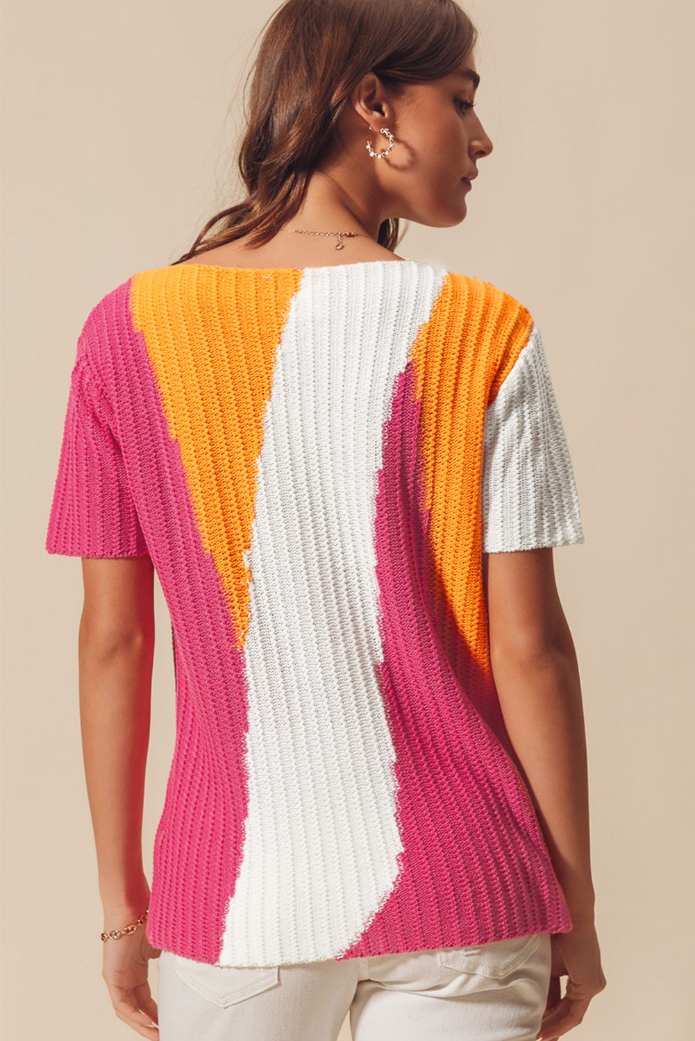 Damen-Strickpullover mit Farbblock und kurzen Ärmeln, 100 % Acryl-3