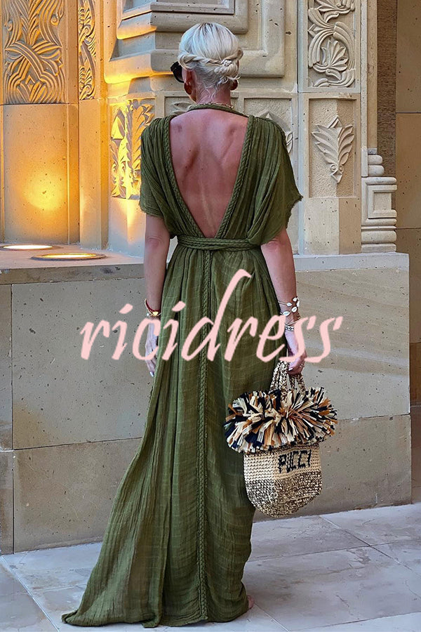 Dam Maxiklänning Grekisk Stil Flätad Linneblandning-2