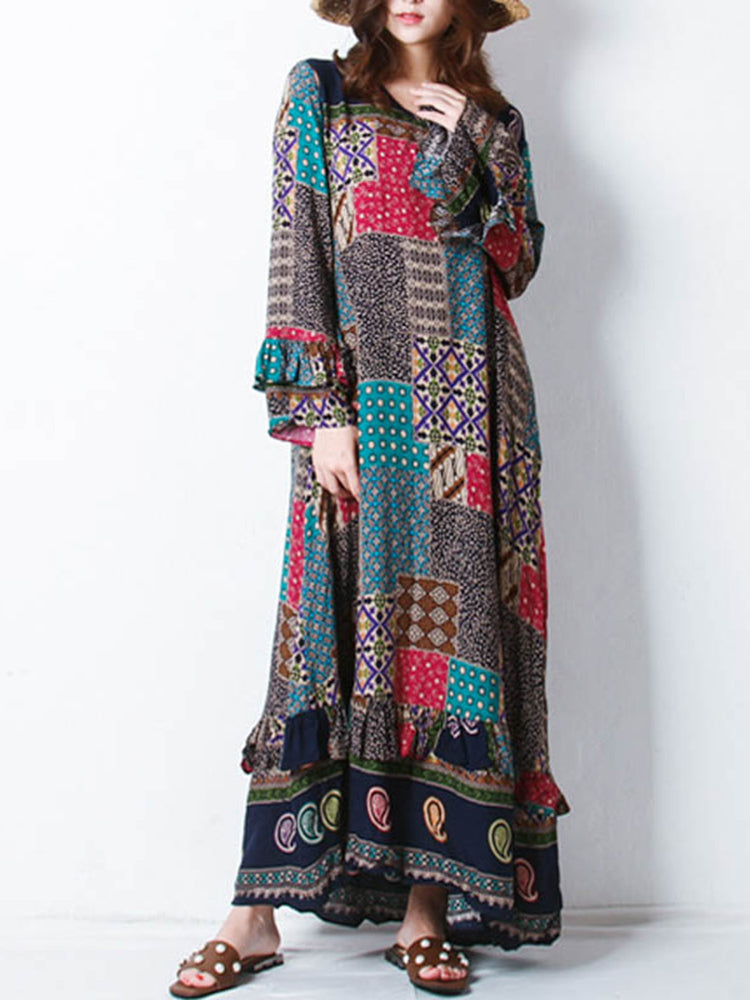 Maxiklänning Dam Boho Patchwork Design 100% Bomull Korta Ärmar 4
