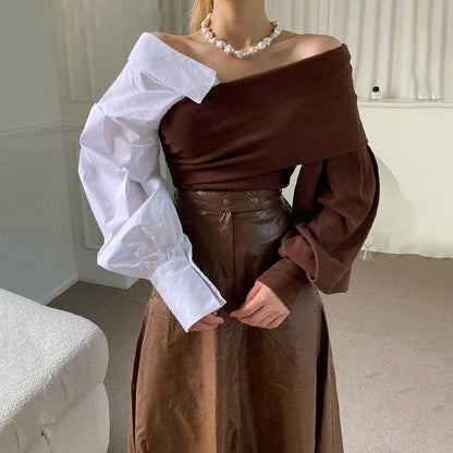 Dam Blus V-Hals Patchwork Bomull Polyester-2