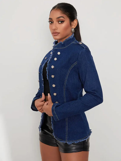 Dam Långärmad Denimjacka Klassisk Design Högkvalitativ Denim-4