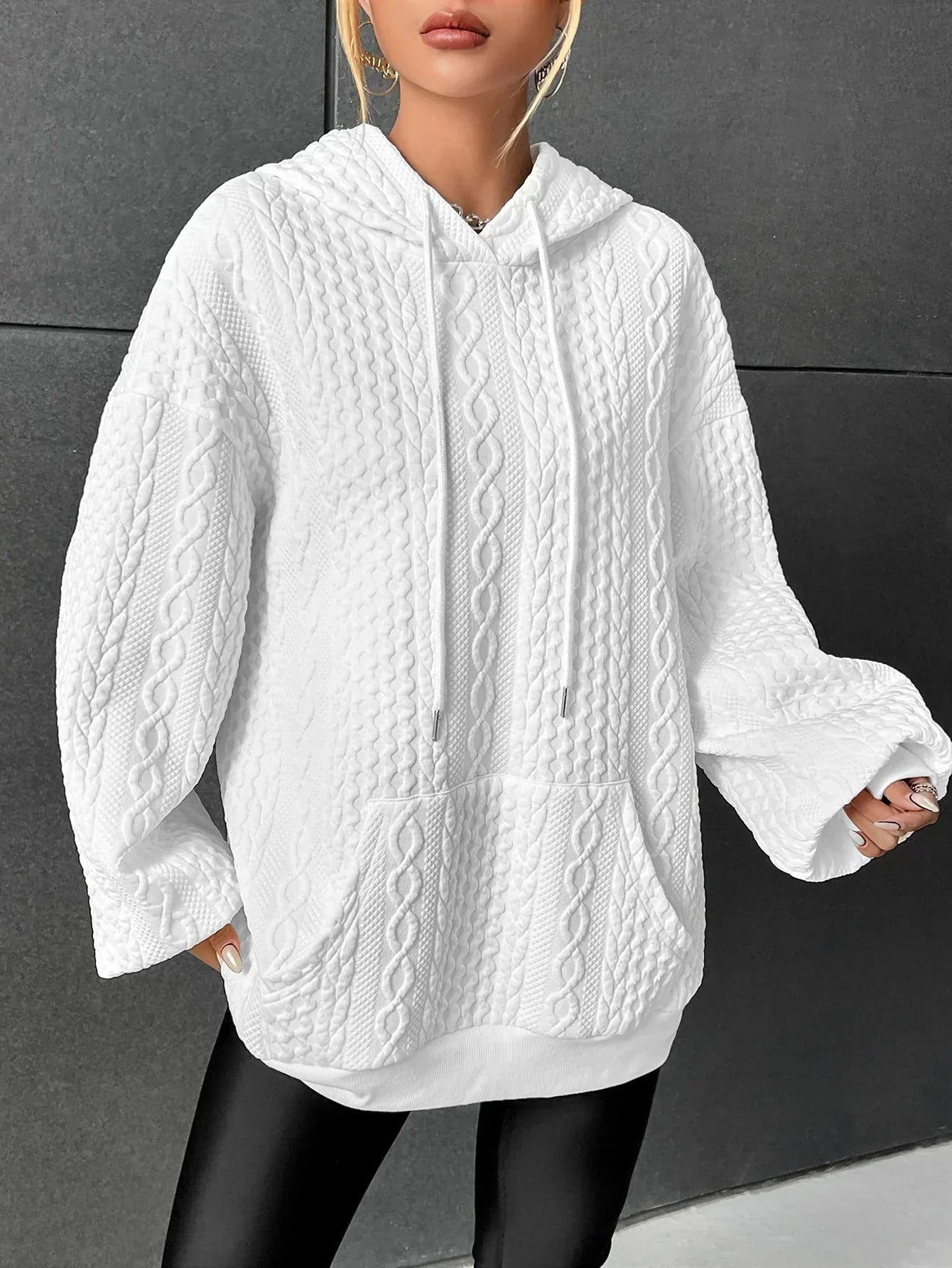 Dam Hoodie Överdimensionerad Kabelmönster 100% Bomull-1
