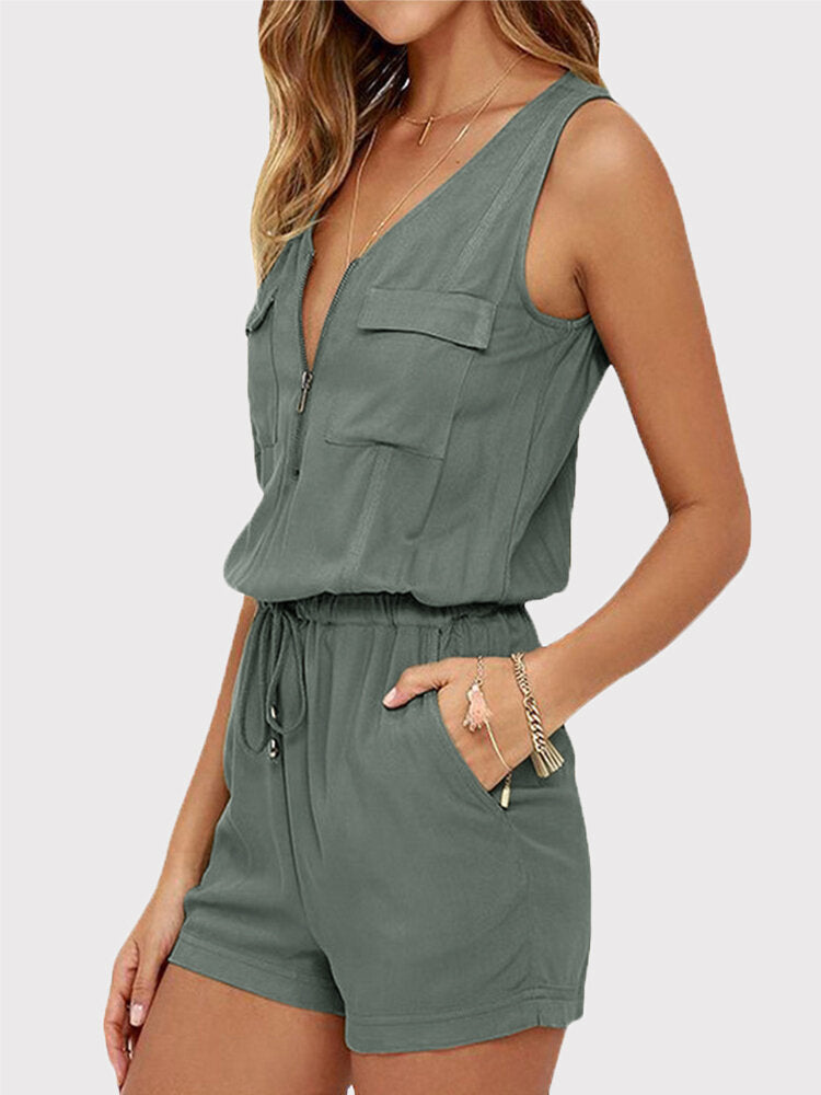 Kvinnors V-ringad Ärmlös Jumpsuit med Elastisk Midja – Chic och Bekväm för Varma Dagar, Finns i Flera Färger 3