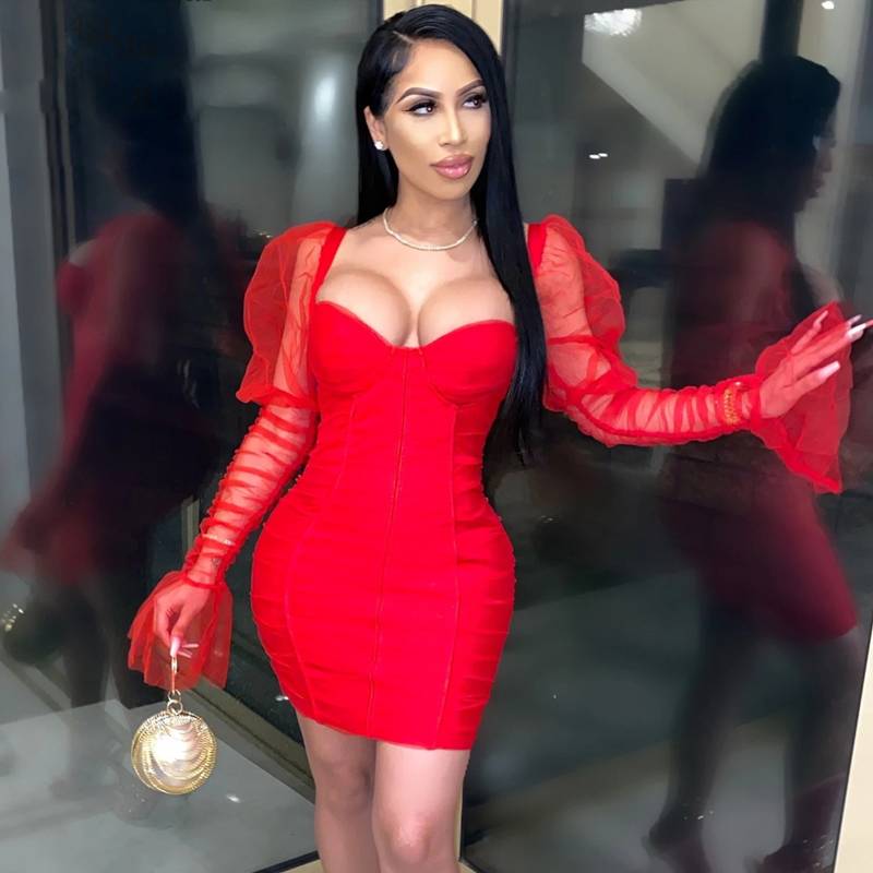 Kvinnors Bodycon Mini Klänning Puffade Ärmar Polyester-2