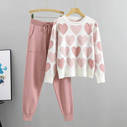 Dam Pyjamas Set Hjärttryck Stickad Design med Ribbade Manschetter 5