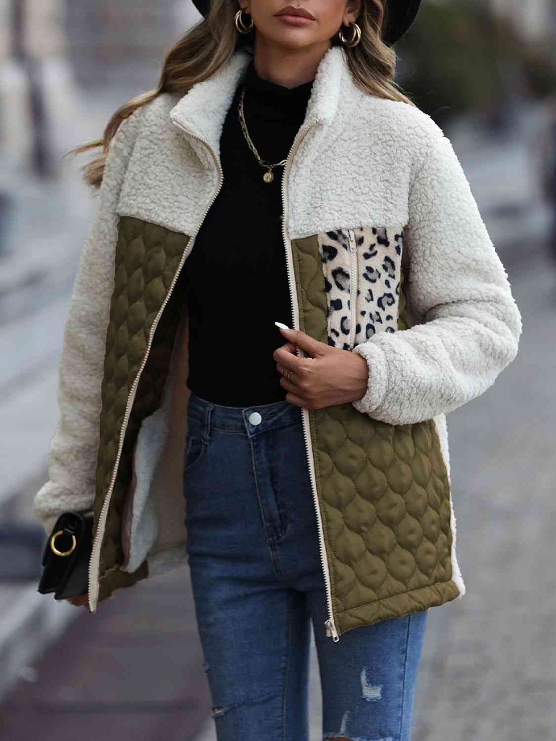 Vårjacka Dam Färgblock Leopardmönster Polyester Zip Jacka-5