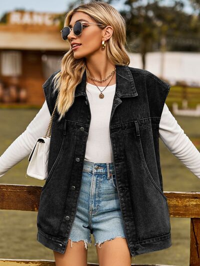 Dam Ärmlös Denimjacka Med Knappar Avslappnad Design-3