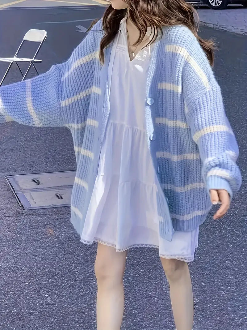 Kvinnors Stickad Kofta Randig Mjuk-5