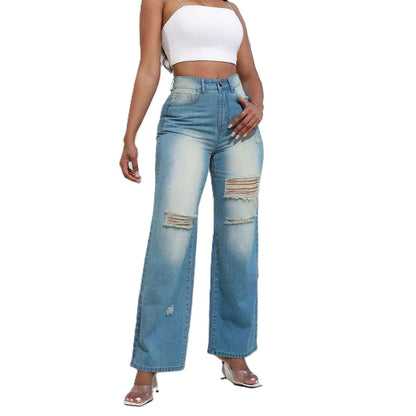 Variant image for Dam Jeans Hög Midja Avslappnad Bomull med Trendiga Hål-1