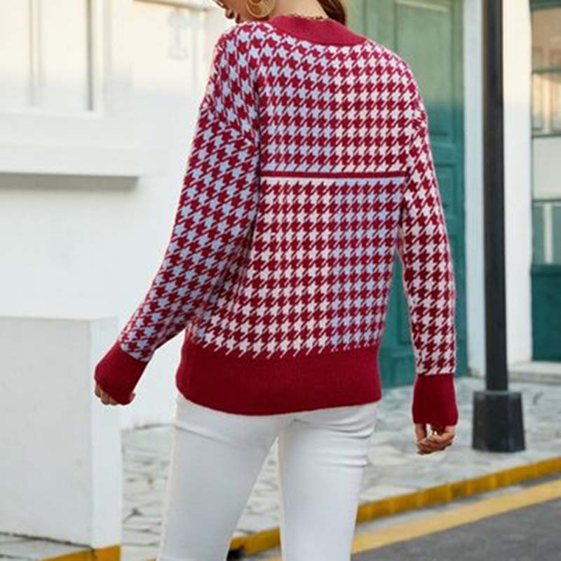 Dam Stickad Tröja Geometrisk Design Blandat Tyg Lång Ärme-2