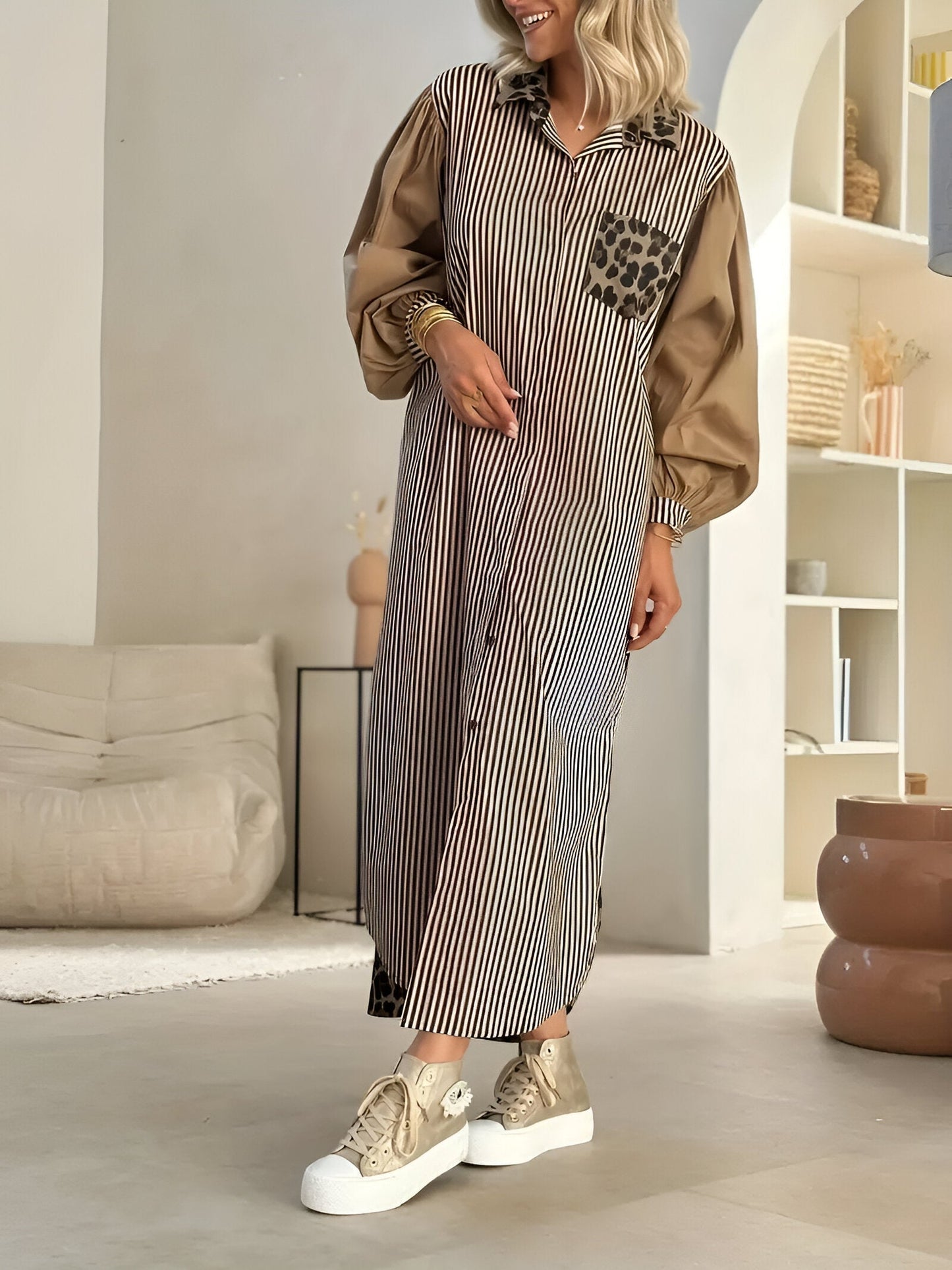 Dam Maxiklänning Leopard och Randig Stil Lätt Material för Sommar-2