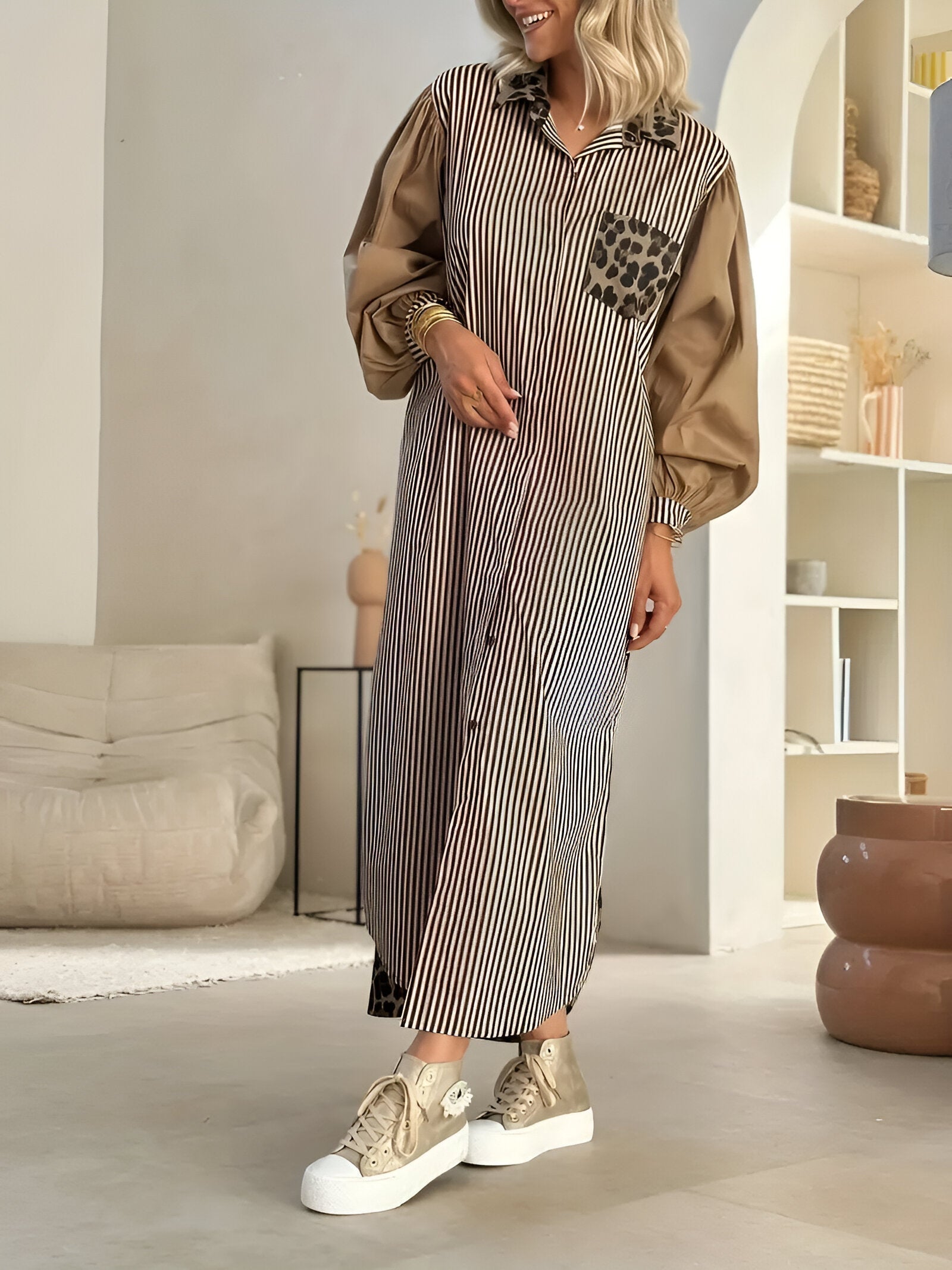 Dam Maxiklänning Leopard och Randig Stil Lätt Material för Sommar-1