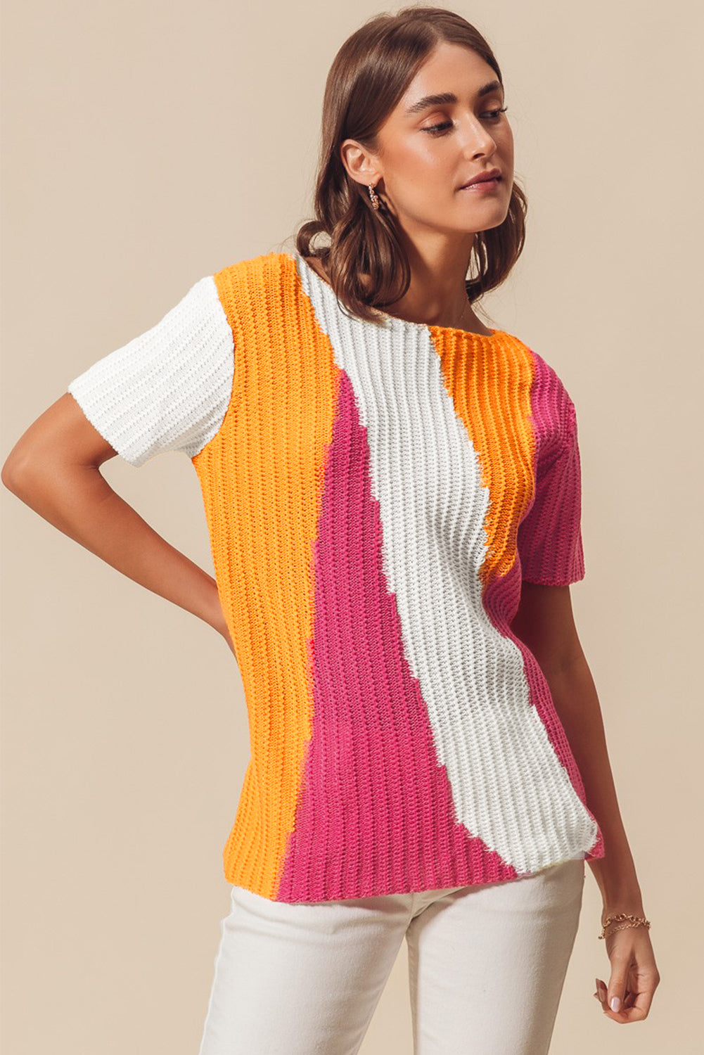 Damen-Strickpullover mit Farbblock und kurzen Ärmeln, 100 % Acryl-4