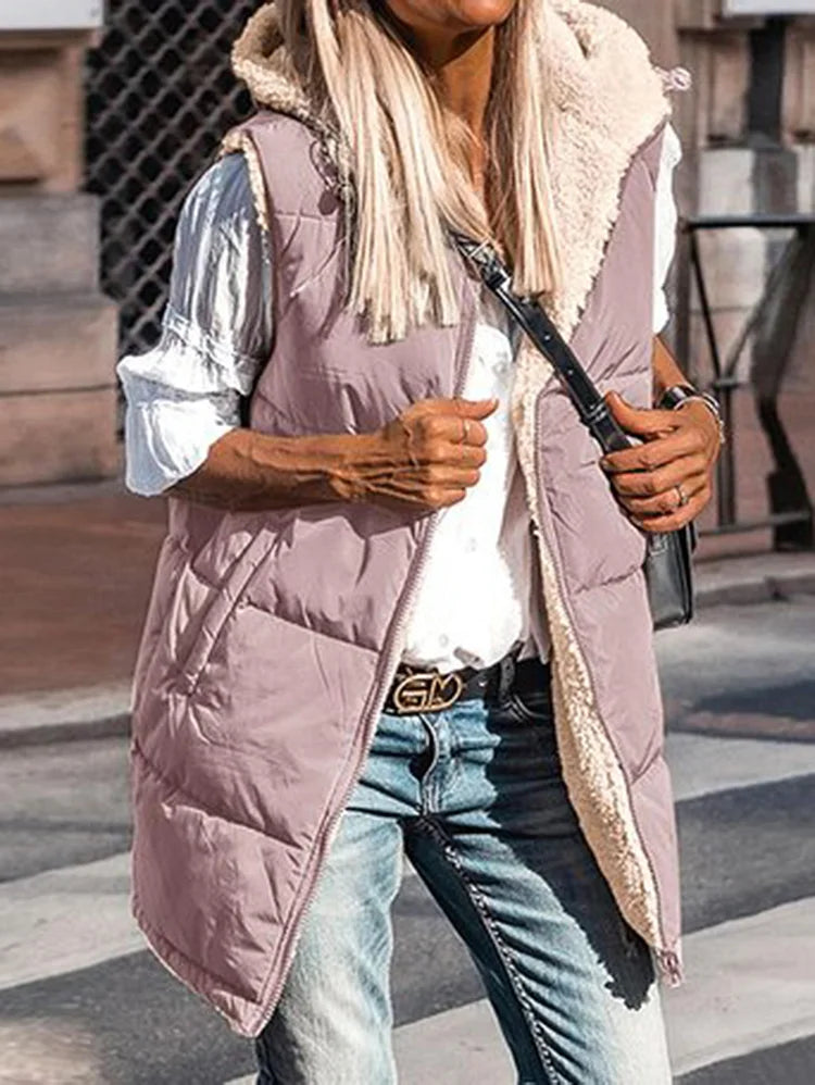 Dam Reversibel Kapuzenväst Fleece med Dubbel Termisk Isolering 13