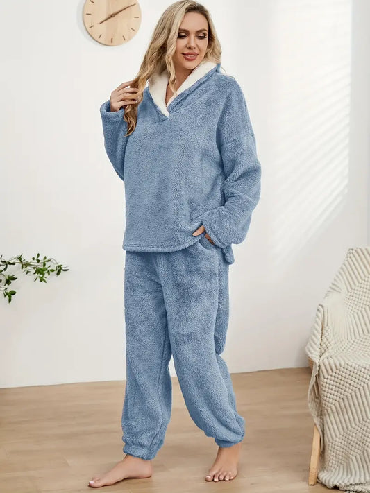 Dam Loungewear Set V-Ringad Thermoflanell Avslappnad Passform 1
