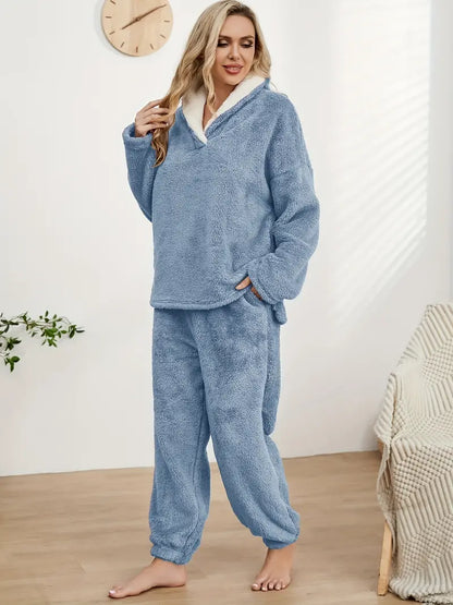 Dam Loungewear Set V-Ringad Thermoflanell Avslappnad Passform 7