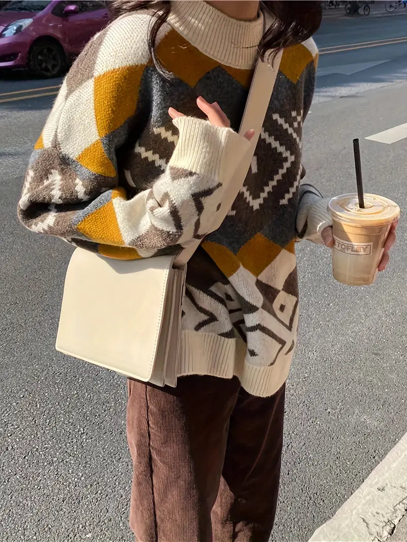 Kvinnors Tröja Rund Halsringning Geometriskt Mönster Mjuk Fiberblandning-2