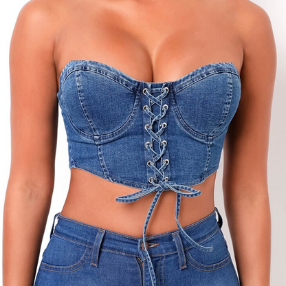 Dam Bustier Kort Denim med Spetsdetaljer-3