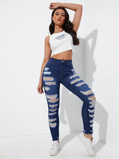 Dam Jeans Hög Midja Klassisk Denim Slitstark-6
