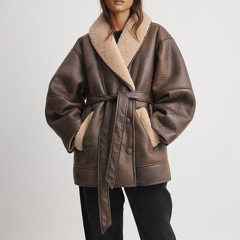 Damjacka Syntetiskt Läder Vintage Med Sherpa-Foder Och Justerbart Bälte-4