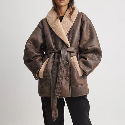 Damjacka Syntetiskt Läder Vintage Med Sherpa-Foder Och Justerbart Bälte-4