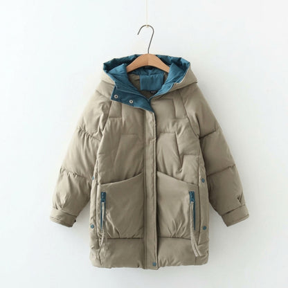 Dam Lång Vinterjacka Quiltad Bomull Polyester med Rymlig Huva