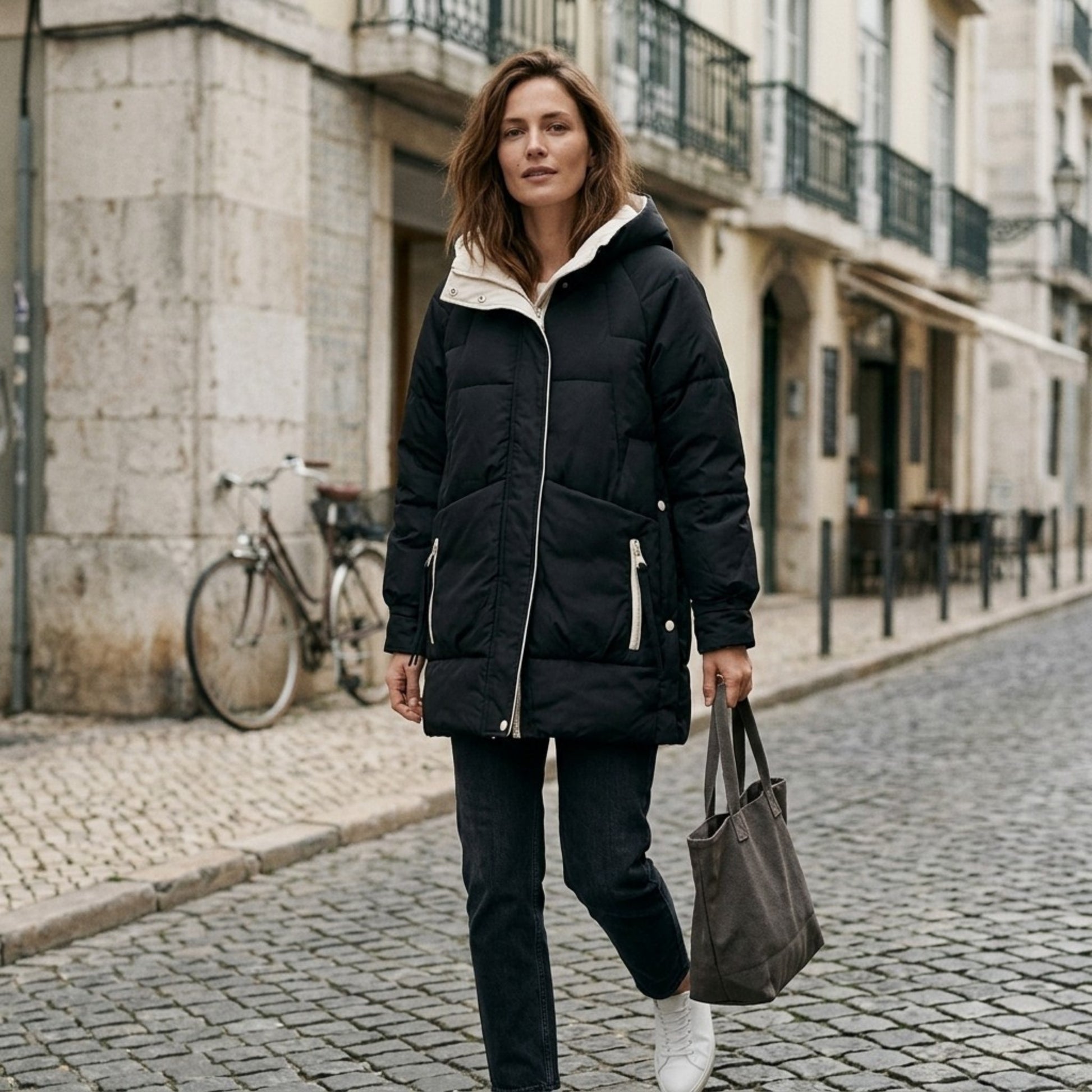 Dam Lång Vinterjacka Quiltad Bomull Polyester med Rymlig Huva