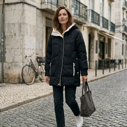 Dam Lång Vinterjacka Quiltad Bomull Polyester med Rymlig Huva