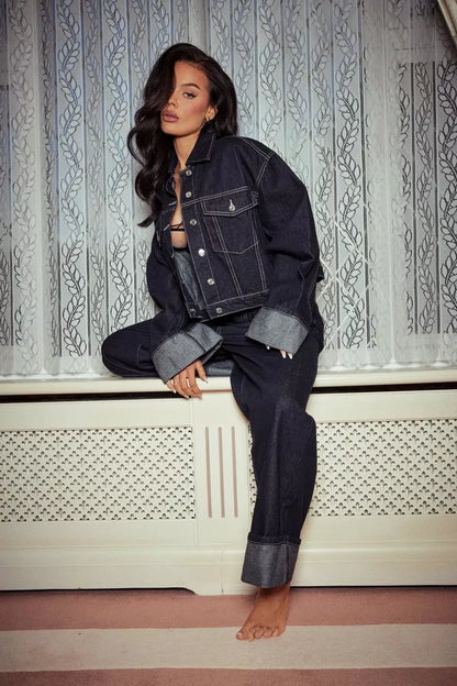 Kvinnors Överdimensionerad Denim Uppsättning Avslappnad Design-2