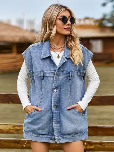 Variant image for Dam Ärmlös Denimjacka Med Knappar Avslappnad Design-5