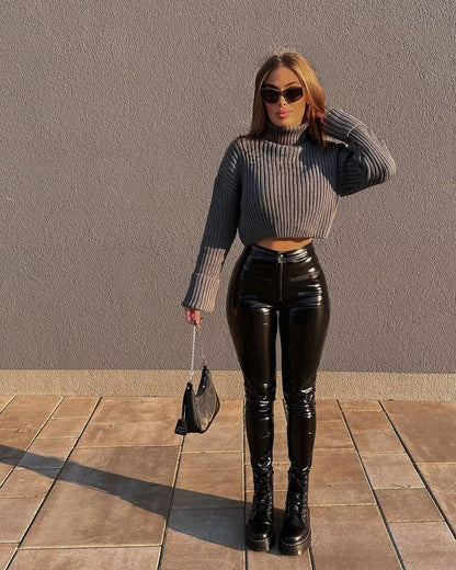 Dam Turtleneck Tröja Ribbad 100% Akryl Komfortabel Stil-5