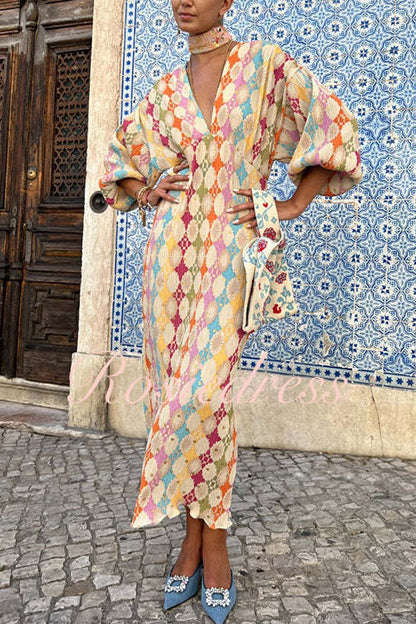 Dam Maxiklänning V-ringning Lykta Ärmar Geometrisk Design Bomull Polyester-6