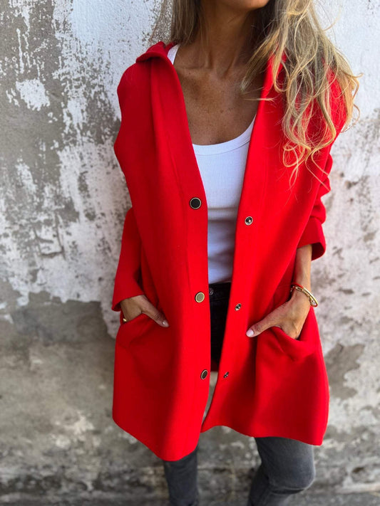 Damjacka med Huva och Knappar i Stickad Design – Bekväm och Elegant Jacka för Dam, Perfekt för Höst och Vår 1