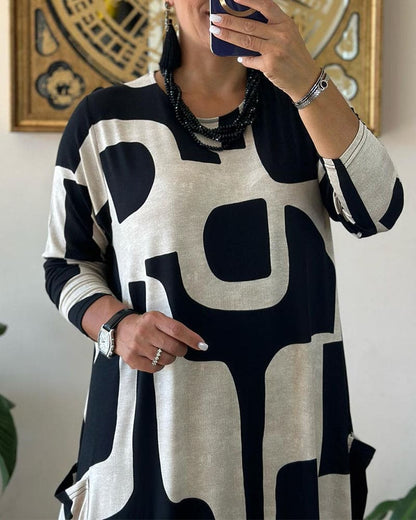 Maxiklänning Dam Geometrisk Design Långärmad Lätt Tyg med Fickor-5