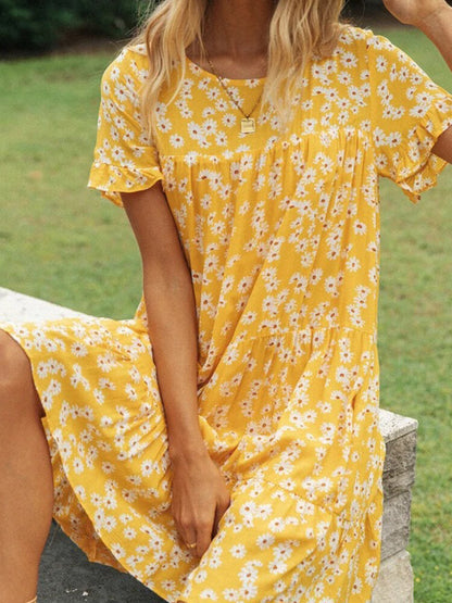 Kvinnors Midi Klänning Blommönster Polyester Kort Ärmar 3