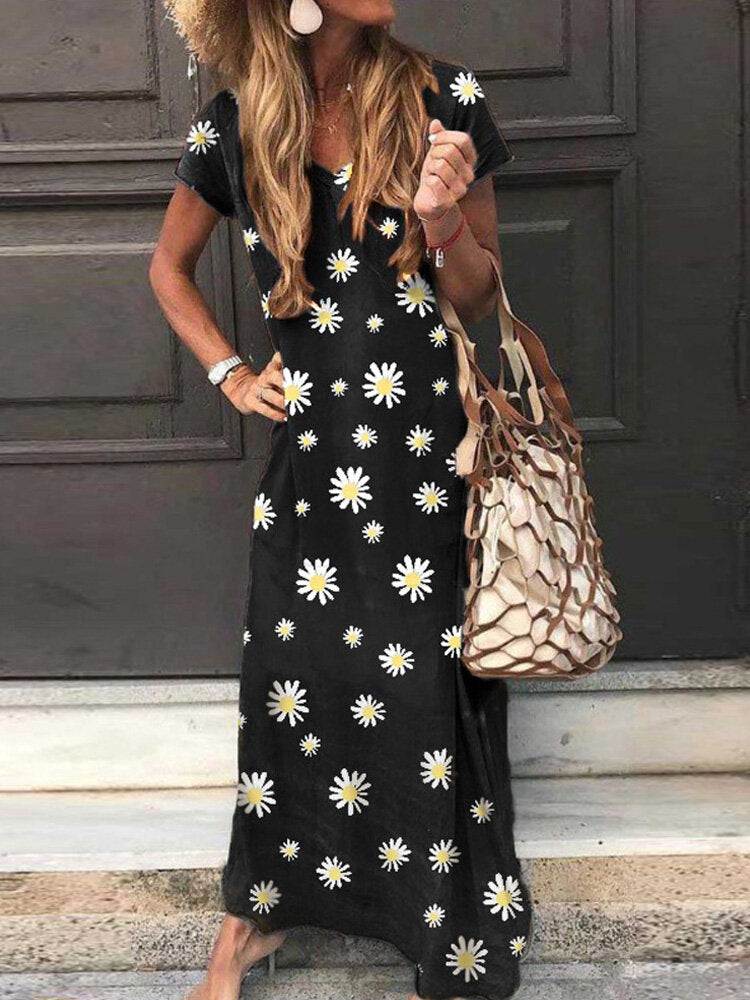 Maxiklänning Dam V-ringning Blommönster 100% Polyester Lång Klänning Sommar-2
