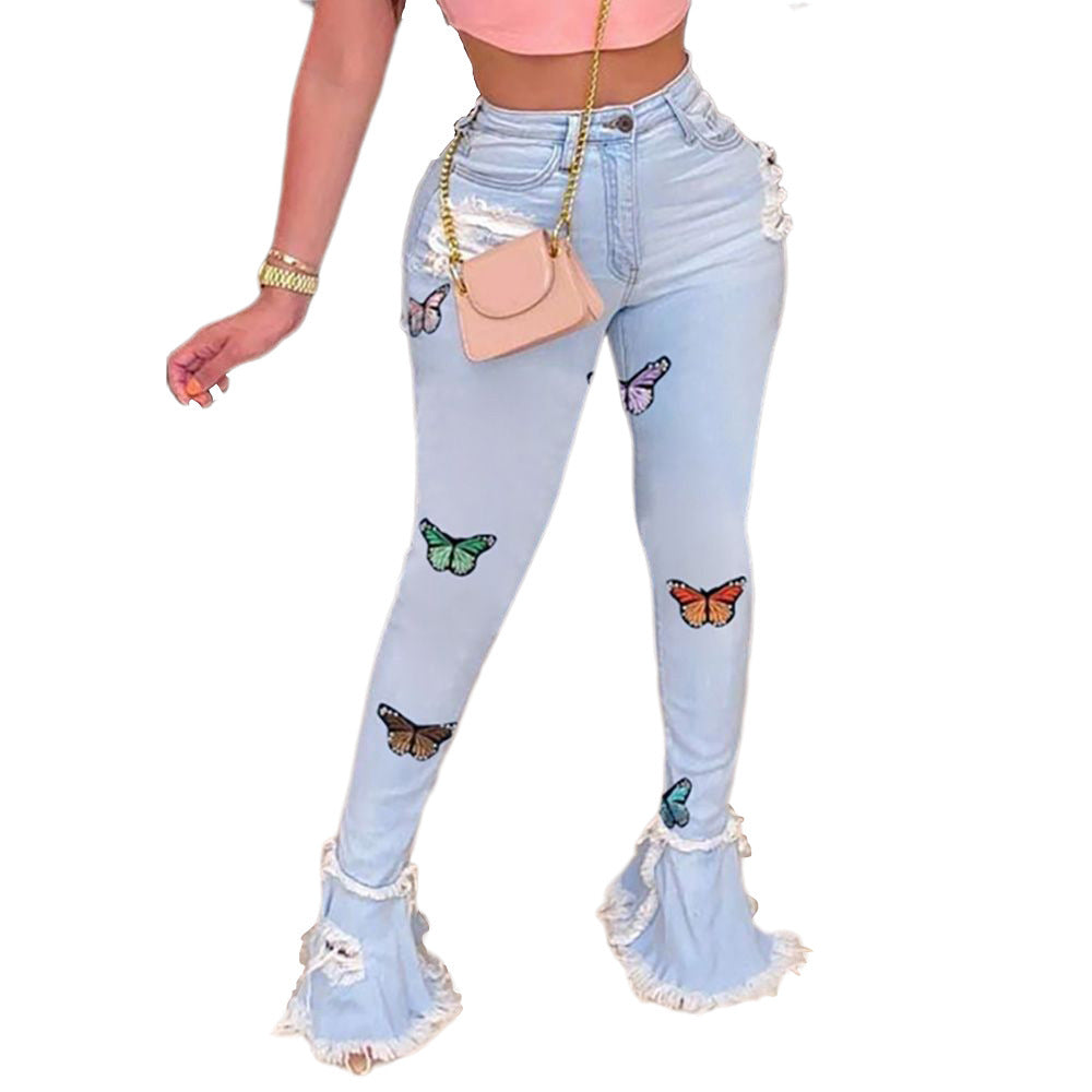 Snygga Byxor Dam Hög Midja Denim med Broderade Detaljer-1