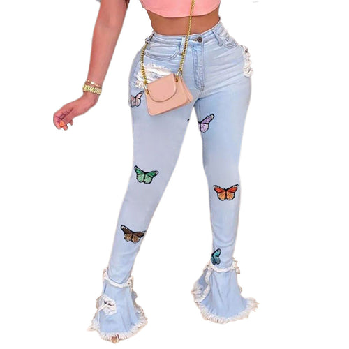 Snygga Byxor Dam Hög Midja Denim med Broderade Detaljer-1