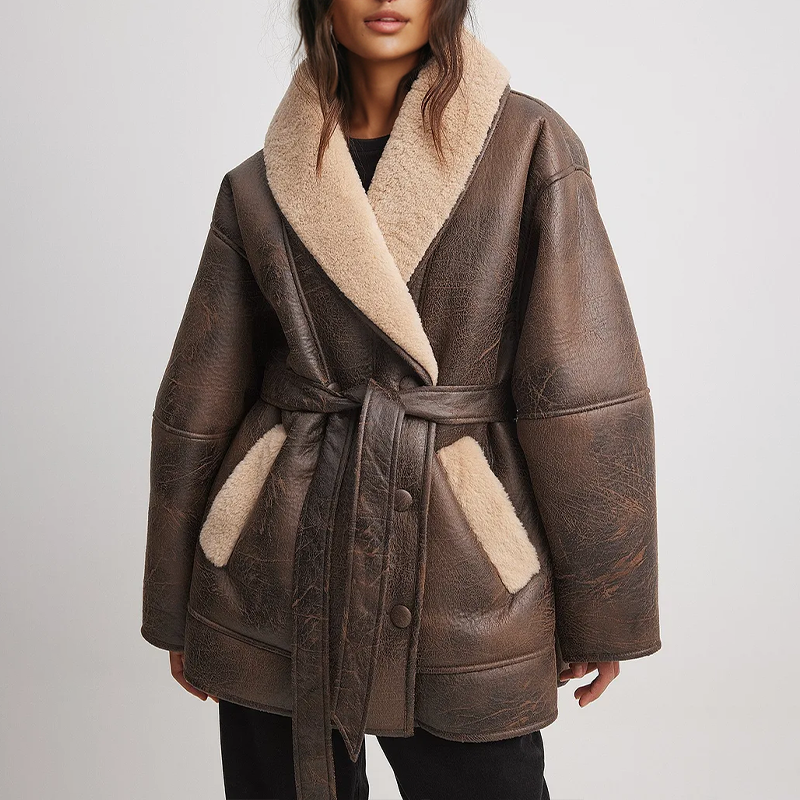 Damjacka Syntetiskt Läder Vintage Med Sherpa-Foder Och Justerbart Bälte-1