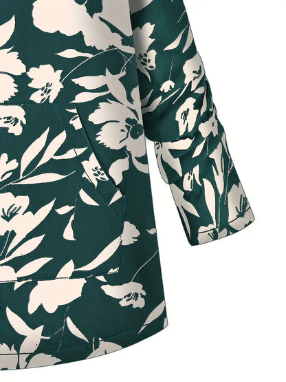 Lång Vinterjacka Dam Fleecefodrad med Huva och Blommönster-2