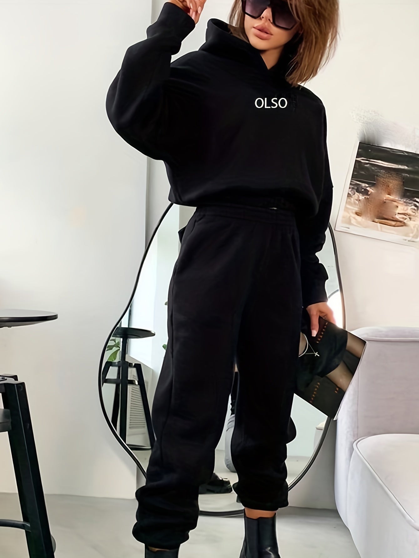 Tvådelat Set Dam Hoodie och Joggingbyxor Mjukt Material Trendig Design-4