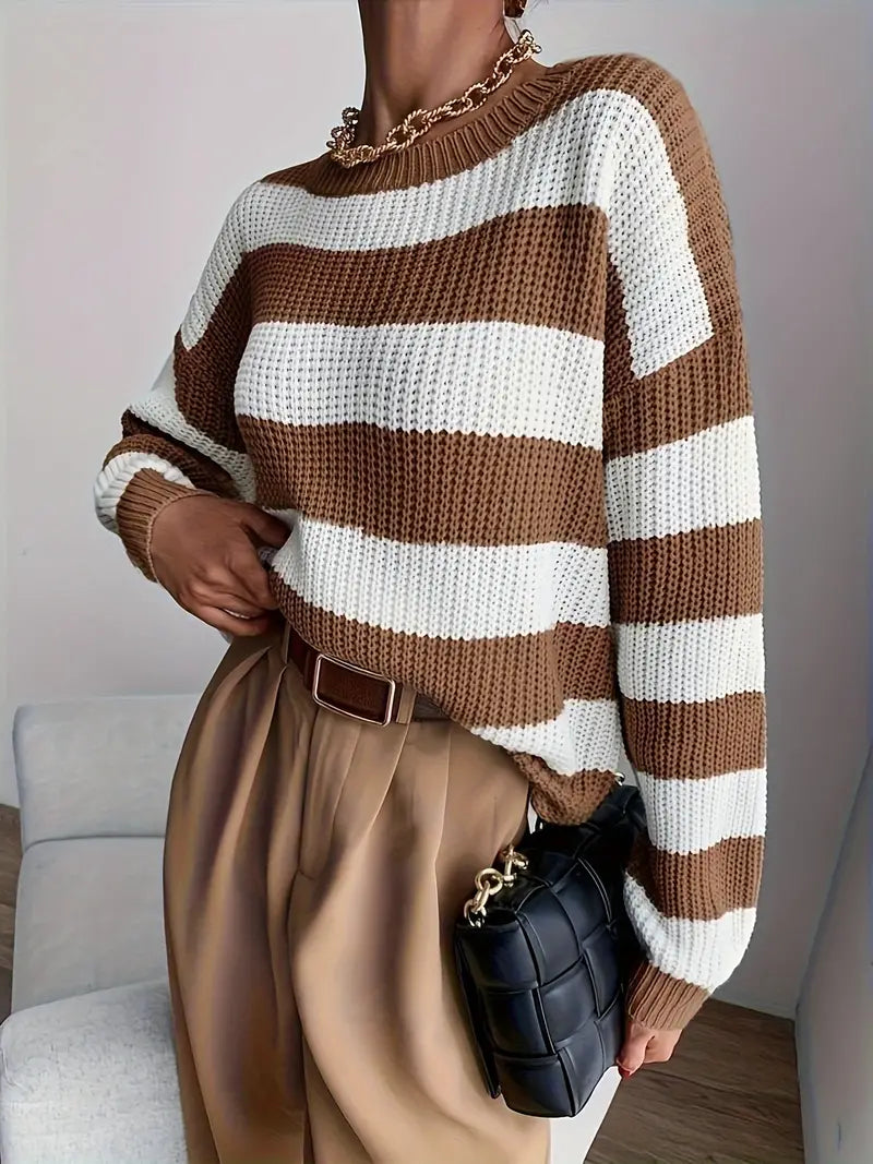 Stickad Dam Tröja Randig Droppaxel 100% Akryl-5