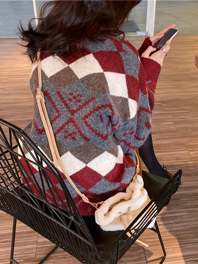 Kvinnors Tröja Rund Halsringning Geometriskt Mönster Mjuk Fiberblandning-5