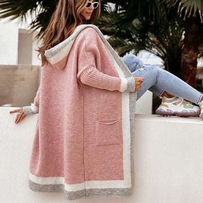 Lång Kofta Dam Med Huva Mjuk Stickad Design-4