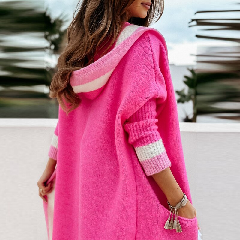 Lång Kofta Dam Med Huva Mjuk Stickad Design-2